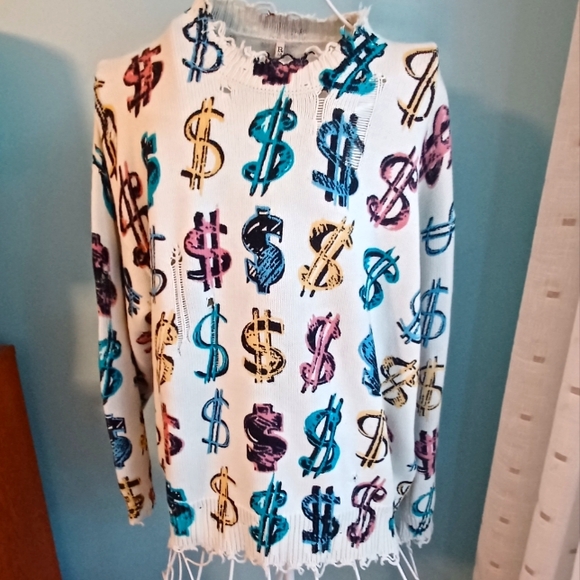 R13 Sweaters - EUC R13 Distressed Cotton Dollar Sign Motif Long Sleeve Sweater